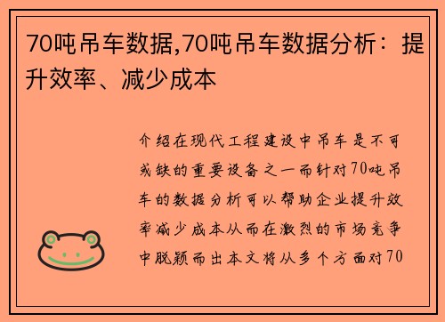 70吨吊车数据,70吨吊车数据分析：提升效率、减少成本