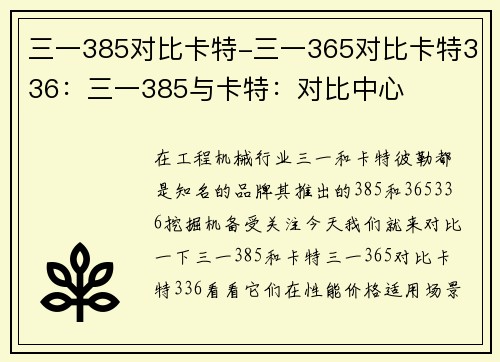 三一385对比卡特-三一365对比卡特336：三一385与卡特：对比中心