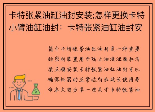 卡特张紧油缸油封安装;怎样更换卡特小臂油缸油封：卡特张紧油缸油封安装技巧分享